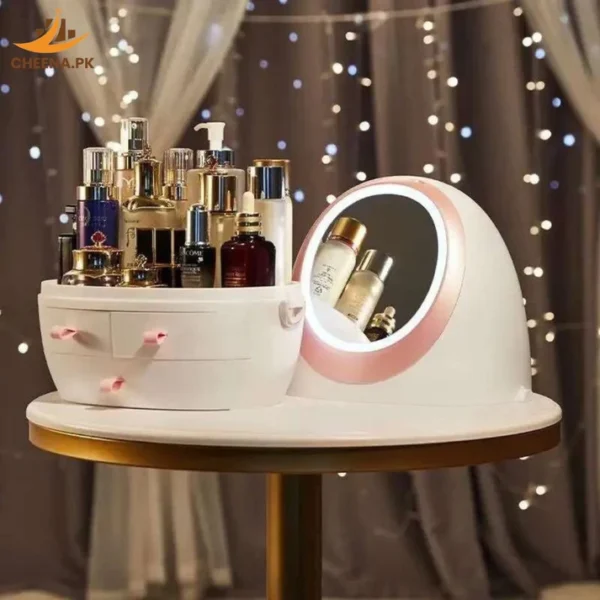 Oval Mirror Cosmetic Storage Organizer | LED Light Makeup Storage Box